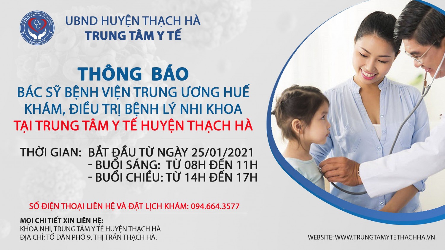 Thông báo về việc Bác sỹ Bệnh viện Trung ương Huế về khám và điều trị bệnh lý nhi khoa tại Trung tâm Y tế huyện Thạch Hà