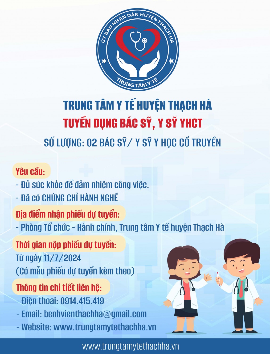 Trung tâm Y tế huyện Thạch Hà tuyển dụng Bác sỹ, Y sỹ Y học cổ truyền